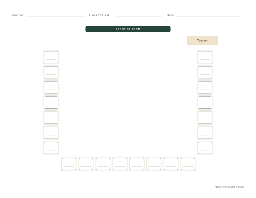 Blank horseshoe classroom seating chart template with 22 seats