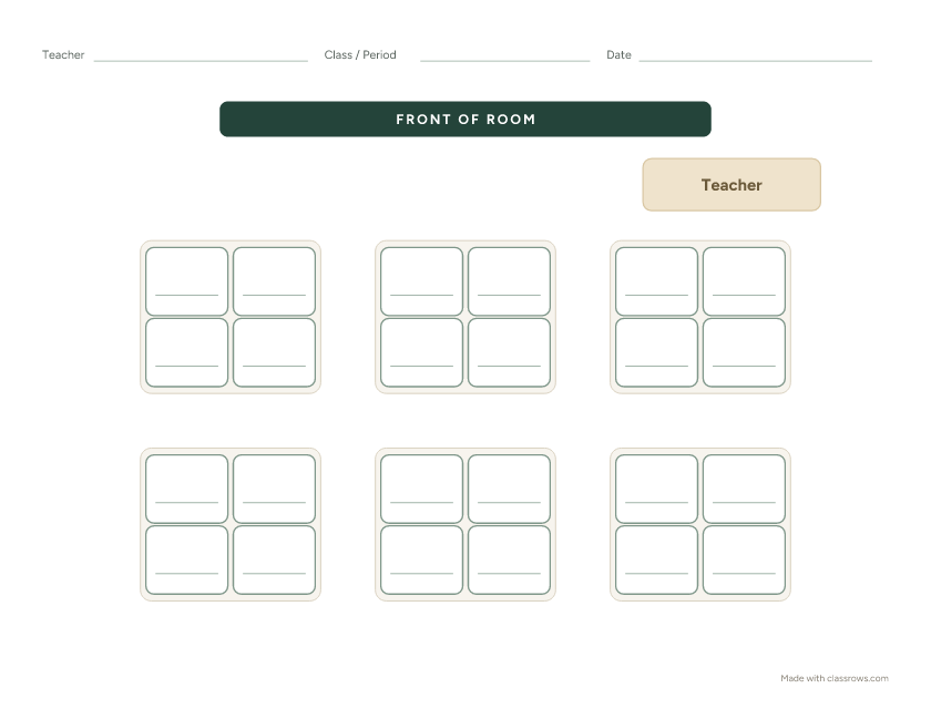 Blank classroom seating chart template with 6 groups of 4 desks
