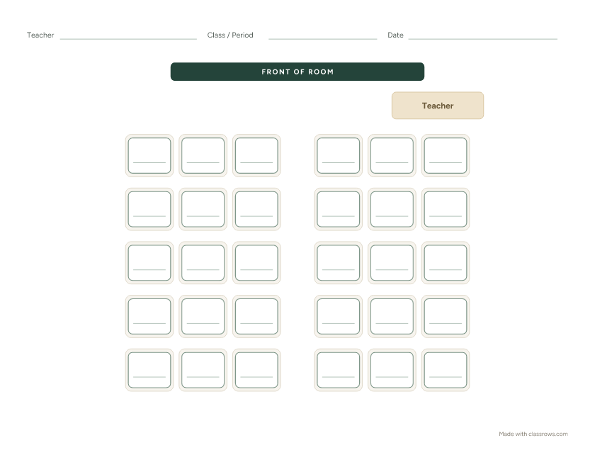 Blank classroom seating chart template with 30 desks in 5 rows